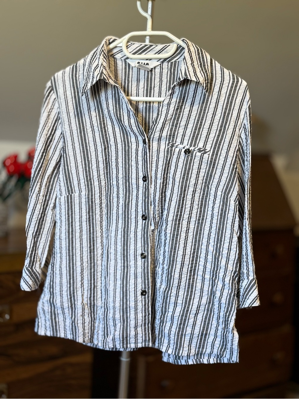 Alia Petites Black & White Striped Collared Top
